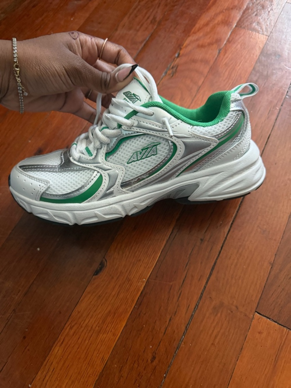 Avia Kids White Green and Silver Athletic Sneakers